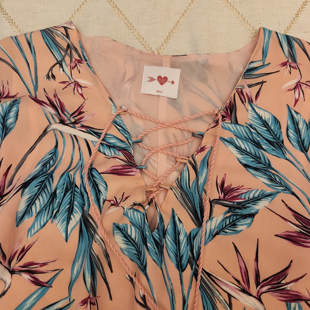 Buddy Love Tropical Palm Print Mini Dress Small Pink Blue Boho Summer - Picture 5 of 7